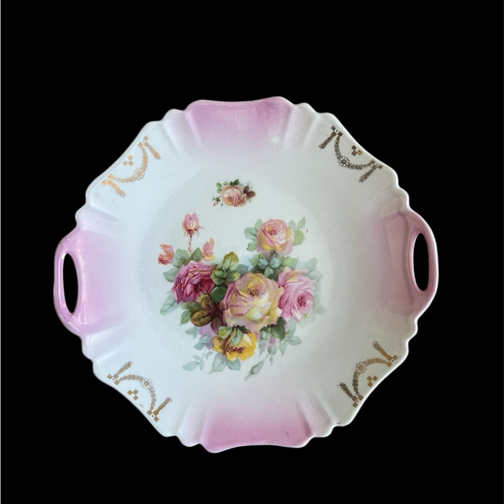 Bavaria Germany Porcelain Platter Plate Handles Hand Painted Floral Romantic